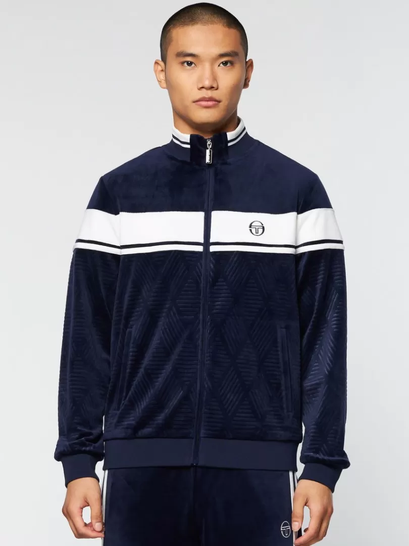 Sergio Tacchini Jackets>Debossed Damarindo Velour Track Jacket- Maritime Blue