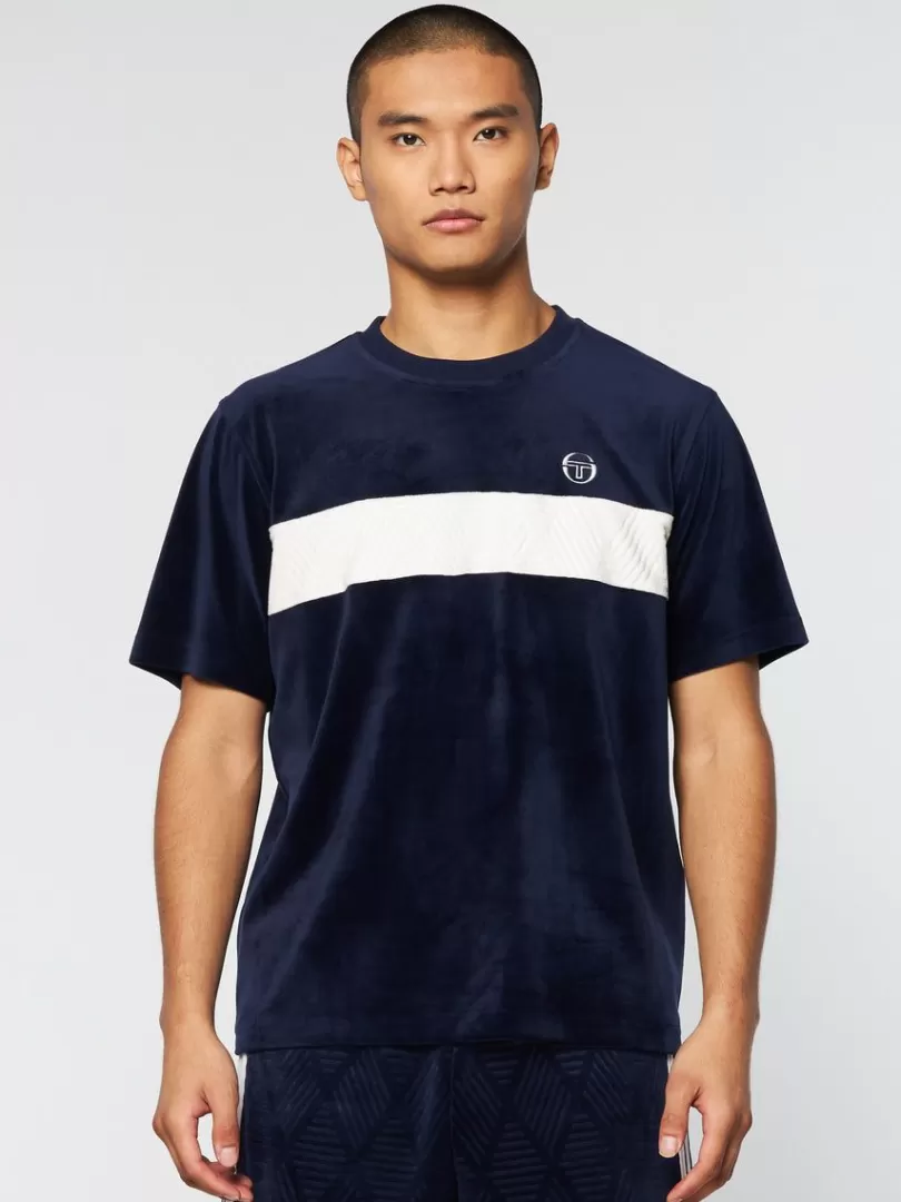 Sergio Tacchini Matching Separates>Debossed Damarindo Velour T-Shirt- Maritime Blue